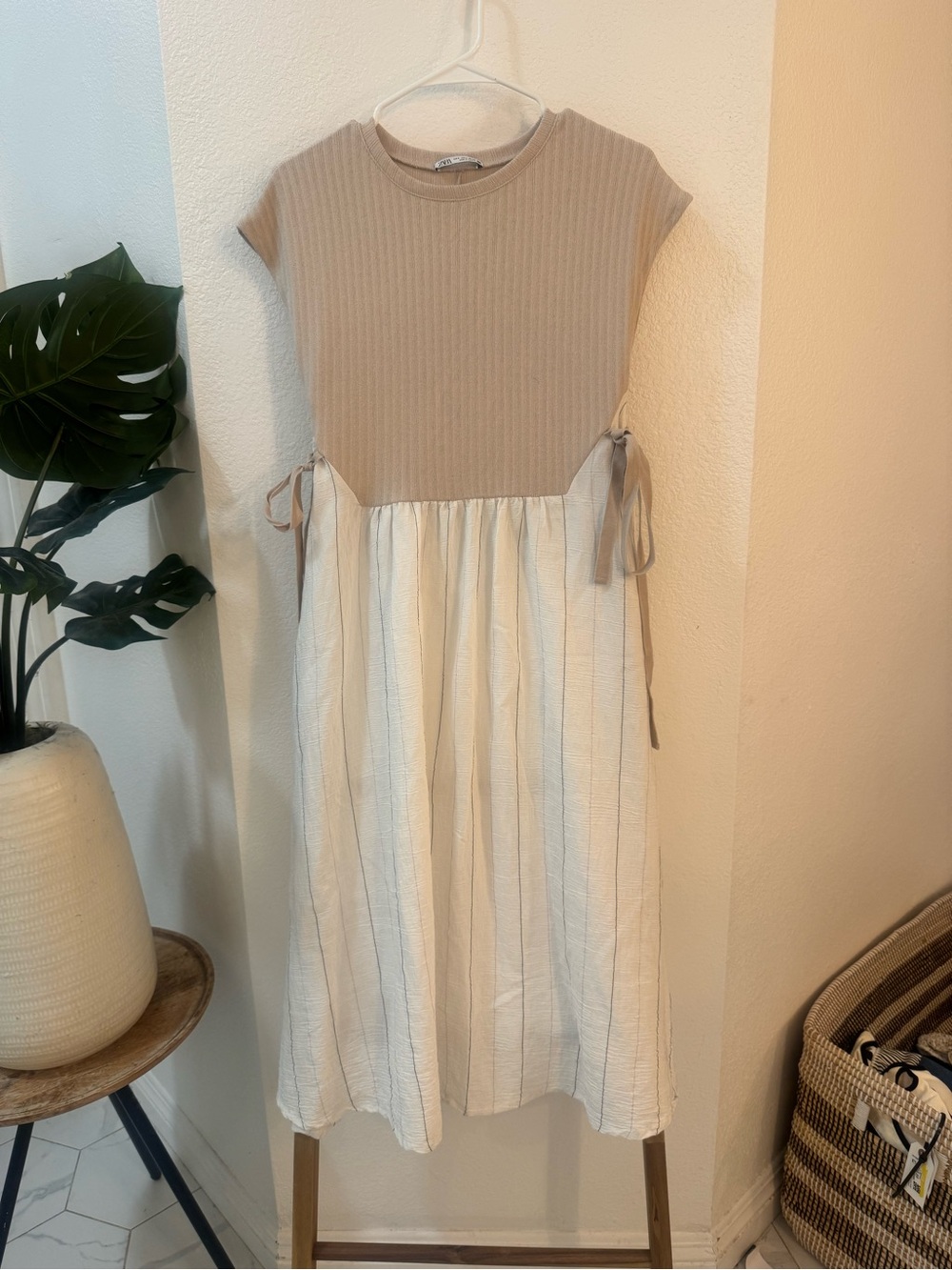 Zara Beige Ribbed Top & Cream Striped Midi Dress with Side Ties